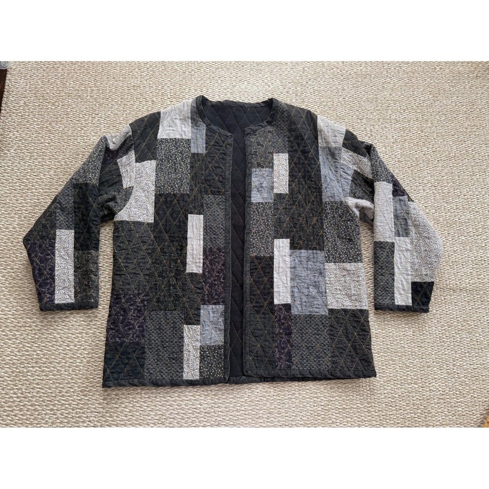 Handmade Quilted Patchwork Jacket Open Front Cardigan Black Grey Boho XL - Picture 1 of 7